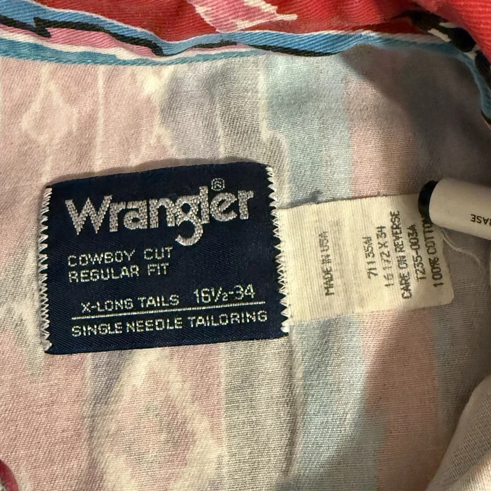 Vintage Wrangler Mens Size 16.5 34 Aztec 90s XLong Tails Single Stitch Brushpop - Picture 3 of 8